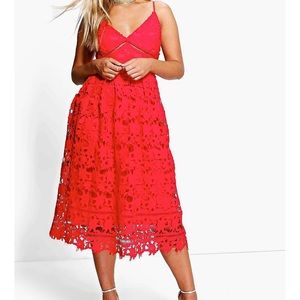 Boohoo Red Lace Midi Dress